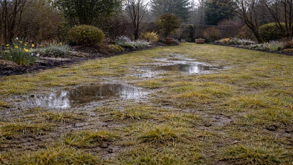 Frühlingsrasen bei „Rot“: dauerhaft nasser Boden mit Staunässe oder Matsch – noch nicht starten.