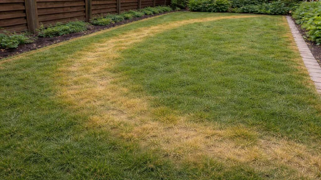 Ungleichmäßig gegossen: Streifen oder Halbkreise im Rasen, Randzonen sind zuerst betroffen.