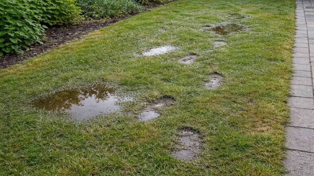 Zu viel gegossen: Boden bleibt lange nass und weich, an manchen Stellen steht Wasser.