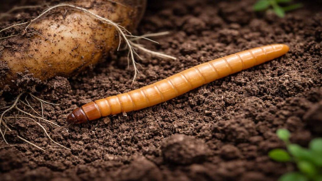 Dünner, drahtiger Drahtwurm in Beetboden – typischer Larventyp bei Gemüse und Wurzelgemüse.