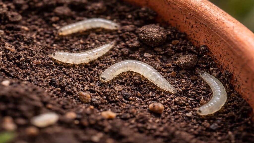 Kleine, durchsichtige Trauermückenlarven in feuchter Topferde – typisches Indoor-Substrat-Thema.