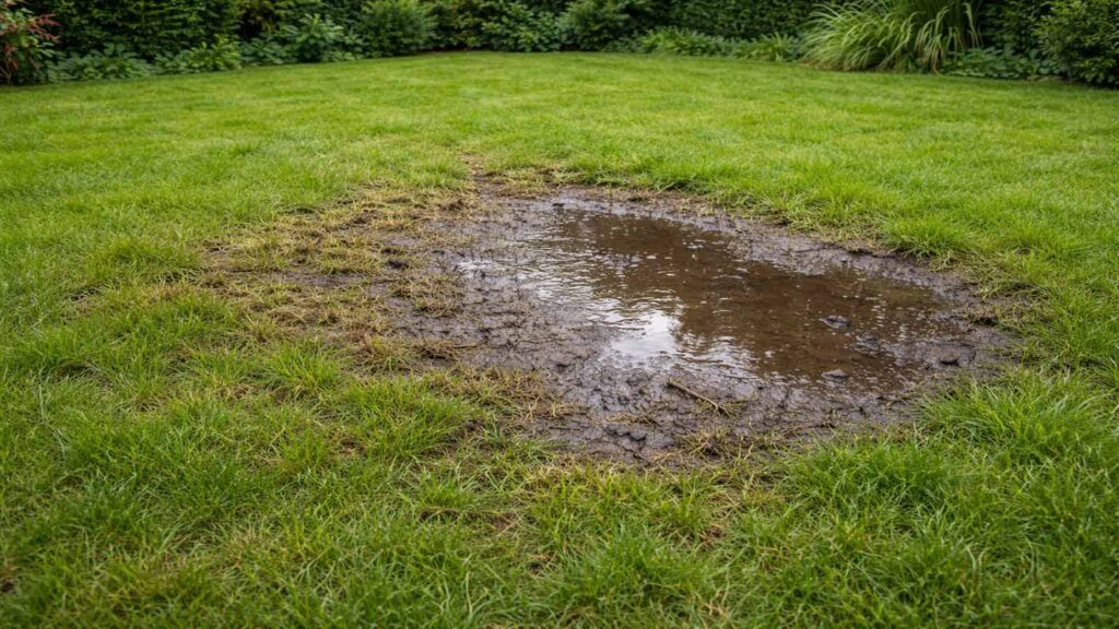 Problemstelle mit Staunässe oder verdichtetem Boden – erst Ursache lösen, sonst scheitert Nachsaat.