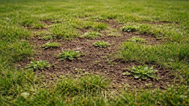 Unkraut wächst in offenen Lücken im Rasen, Erde ist zwischen den Halmen sichtbar – Nachsaat hilft.