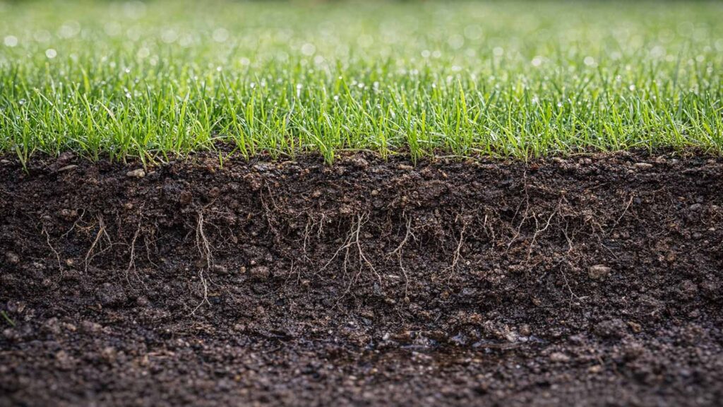 Anwachsphase: junger grüner Rasen mit tiefer durchfeuchteter Wurzelzone und Wurzeln, die nach unten wachsen.