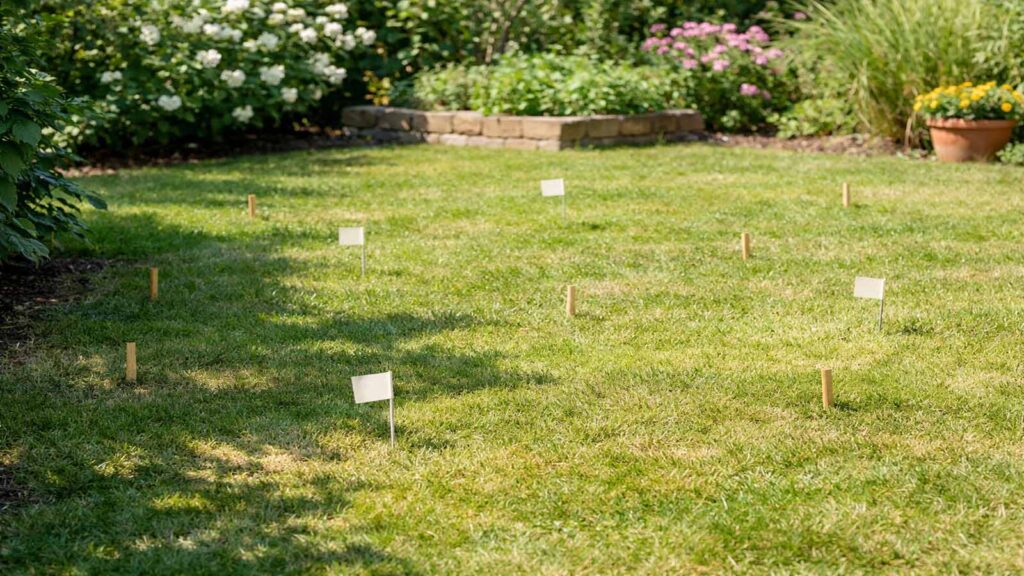 Mehrere Messpunkte sind über die Rasenfläche verteilt markiert, um 5–10 Teilproben zu nehmen.