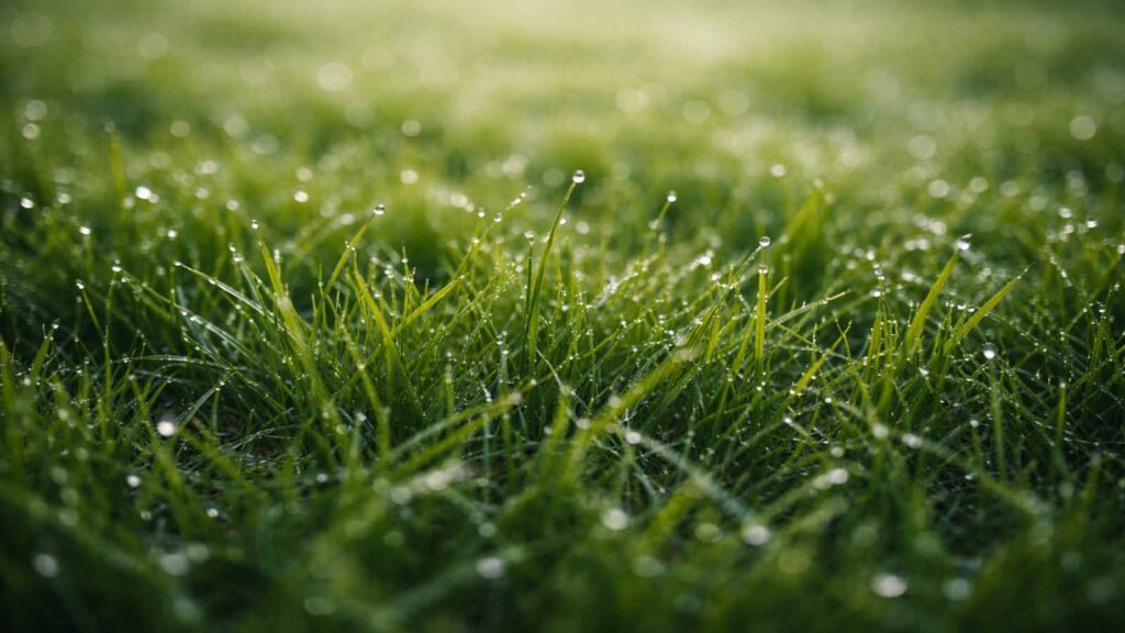 Taufeuchte Rasenstelle am Morgen: dunkel-nass glänzende Halme ohne klare Schattenkante.