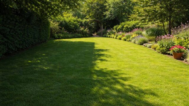 Rasen mit klarer Schattenkante: links im Schatten durch Baum/Hecke, rechts sonniger Bereich.