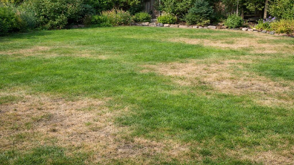 Fleckiger Rasen: einige Zonen sind dichter und grüner, andere bleiben schwach und lückig.