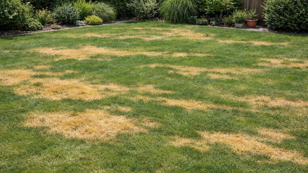 Rasen mit gelblichen Flecken und Streifen, die sich vom grünen Bereich abheben.