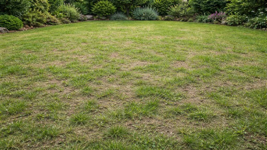 Grüner Rasen, aber dünn und lückig: kleine offene Stellen mit sichtbarer Erde.