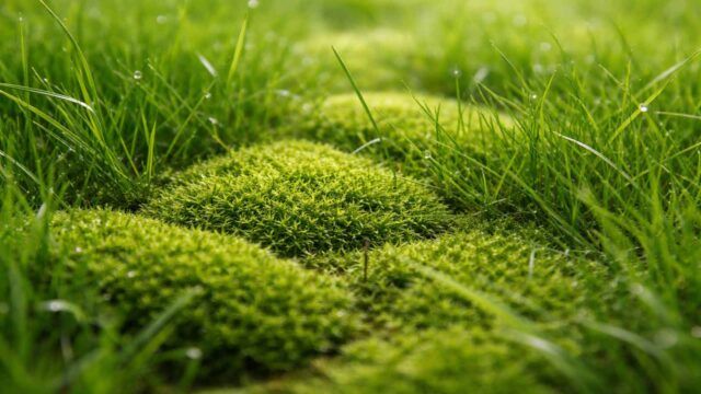 Sattgrünes, kissenartiges Moos wächst teppichartig zwischen den Grashalmen.