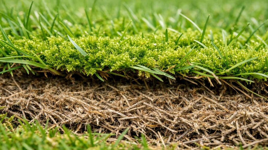 Moos zwischen den Halmen und darunter eine braun-graue Filzschicht am Boden – beides gleichzeitig.