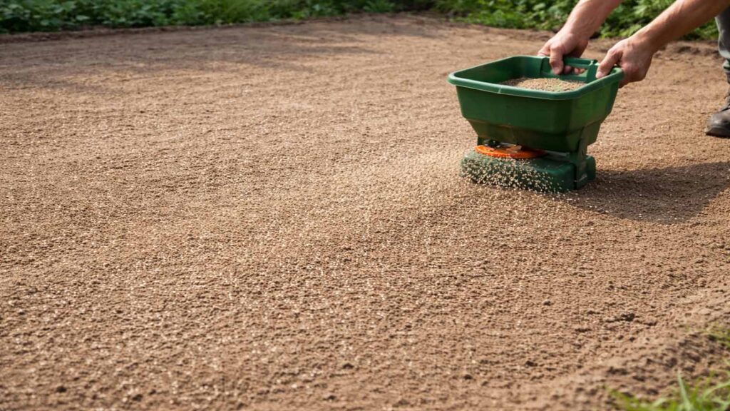 Rasensamen werden gleichmäßig ausgebracht, damit keine Streifen oder Inseln entstehen.