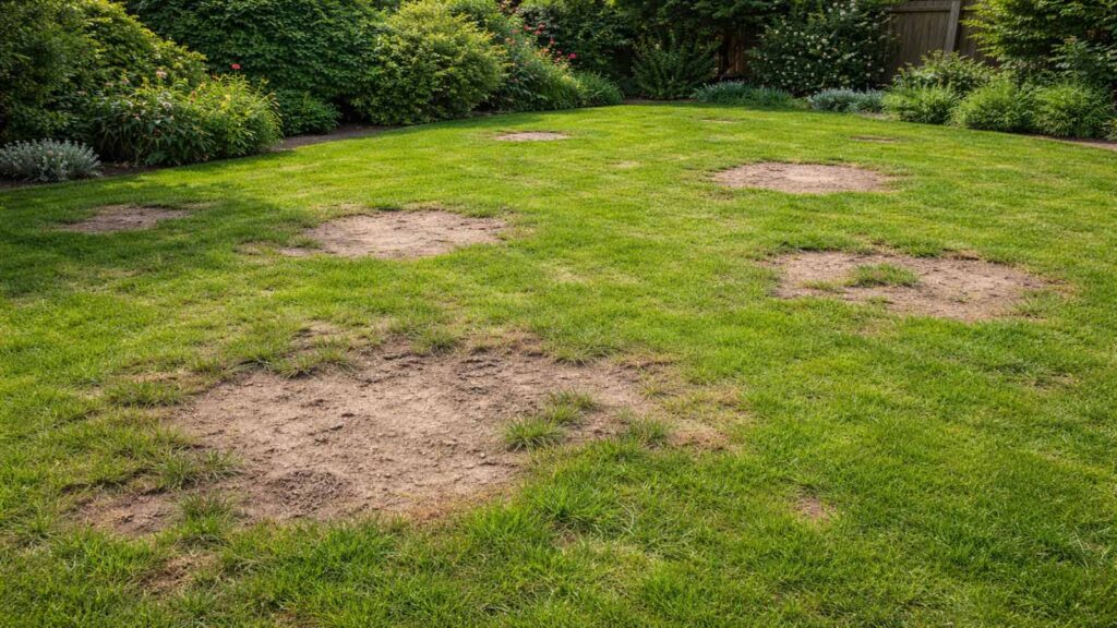 Kahle Rasenstellen mit sichtbarer Erde neben intaktem Gras – typisch für punktuelle Reparatur.