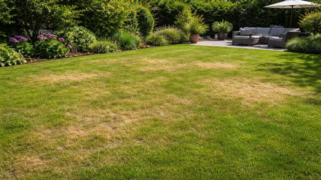 Schwacher, dünner Rasen mit lückiger Stressoptik trotz Pflege – wirkt schnell blass bei Sonne.