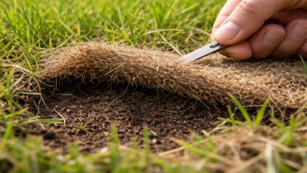 Filz wird vorsichtig angehoben: strohige, faserige Schicht löst sich unter den Halmen.