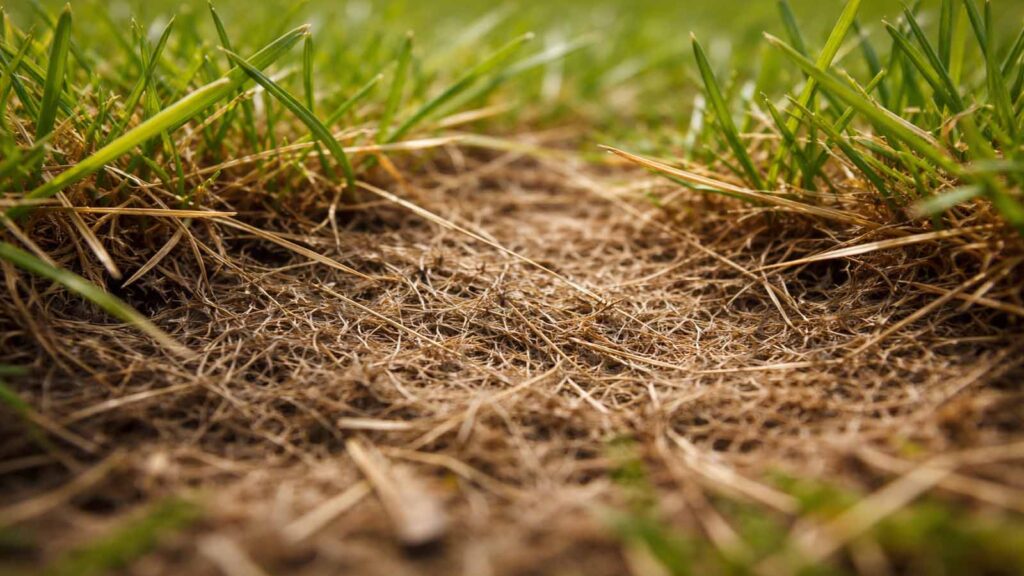 Braun-grauer, faseriger Rasenfilz liegt als strohige Matte direkt auf dem Boden.