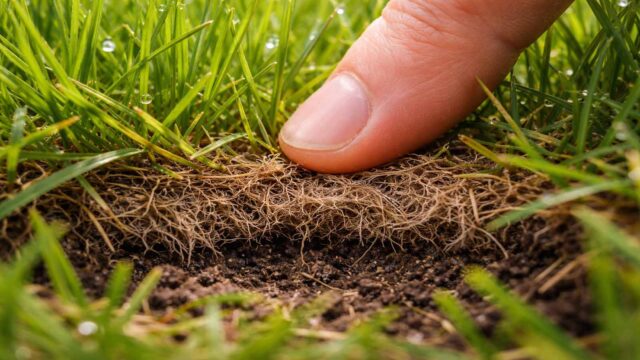 Finger im Rasen: unter den Halmen spürbare, faserige Filzschicht vor der Erde.