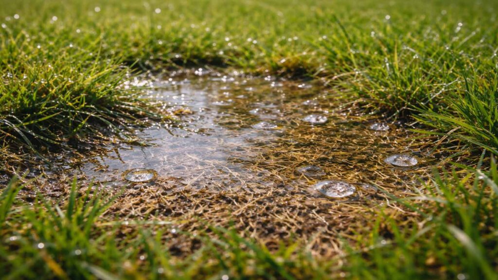 Wasser perlt/steht länger auf dem Rasen, statt schnell zu versickern – typisch bei Filz.