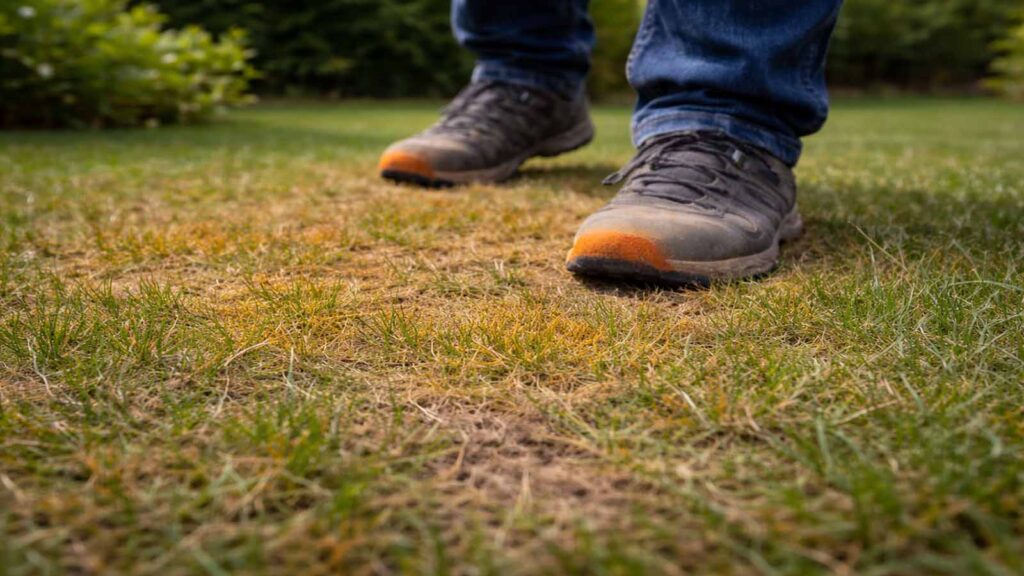 Schuh-Test bei Rasenrost: Nach dem Durchlaufen sind die Schuhspitzen orange verfärbt durch Sporenstaub.