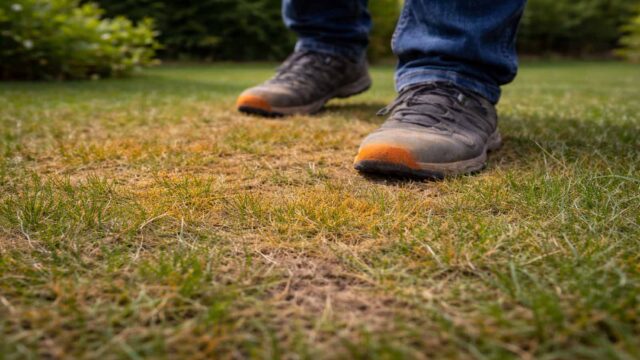 Schuh-Test bei Rasenrost: Nach dem Durchlaufen sind die Schuhspitzen orange verfärbt durch Sporenstaub.