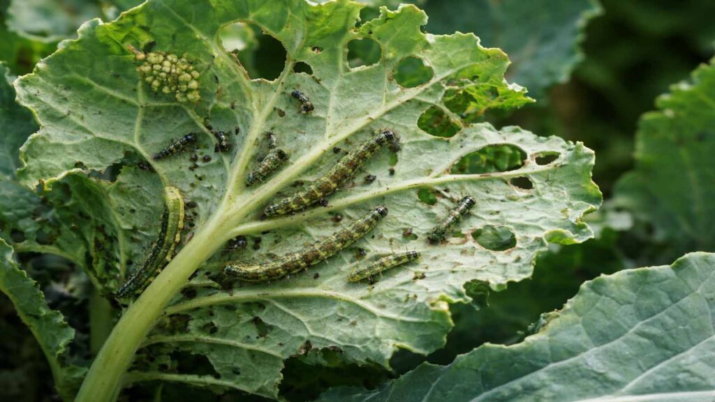 Kohlblatt mit Lochfraß und Raupe an der Blattunterseite – typisch bei Kohlweißling an Brassica.
