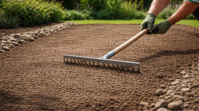 Bodenfläche für Rollrasen wird mit Rechen final abgezogen und von Steinen befreit.