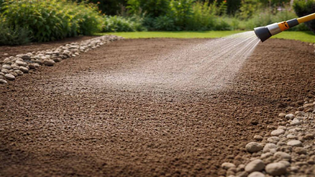 Boden wird vor dem Rollrasen-Verlegen leicht angefeuchtet, damit die Soden sofort Kontakt bekommen.