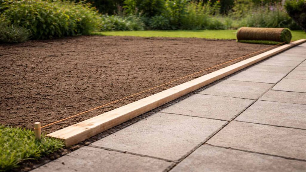 Gerade Startkante an Terrasse/Weg wird mit Schnur als Linie für die erste Rollrasen-Bahn festgelegt.