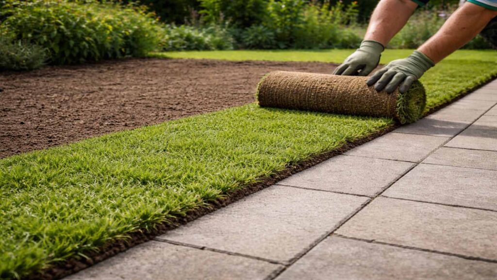 Erste Rollrasen-Bahn wird gerade entlang einer Kante ausgerollt und sauber ausgerichtet.