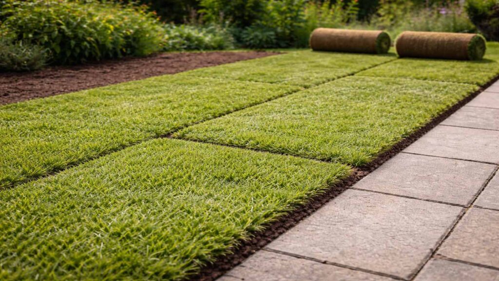 Rollrasen-Bahnen werden versetzt verlegt, damit keine langen durchgehenden Nähte entstehen.