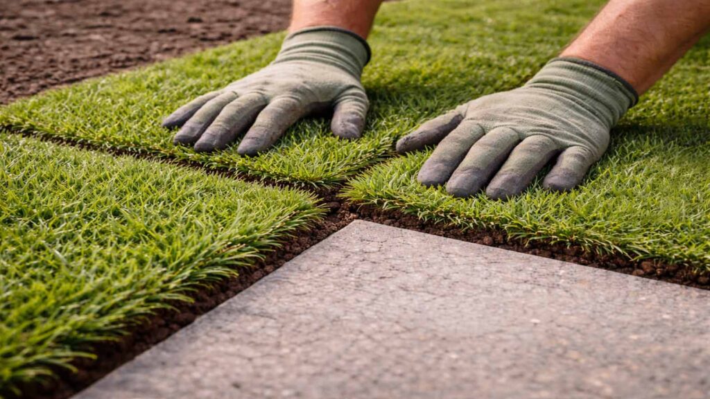 Rollrasen-Nähte werden dicht an dicht gestoßen, ohne dass die Bahnen überlappen.