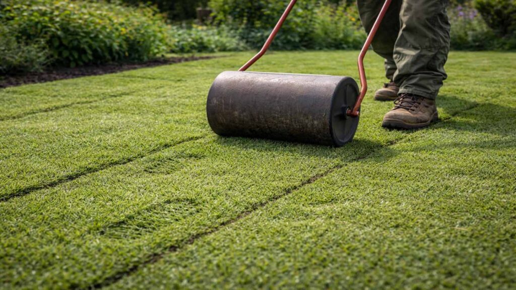 Frisch verlegter Rollrasen wird mit der Rasenwalze angedrückt, damit überall Bodenkontakt entsteht.