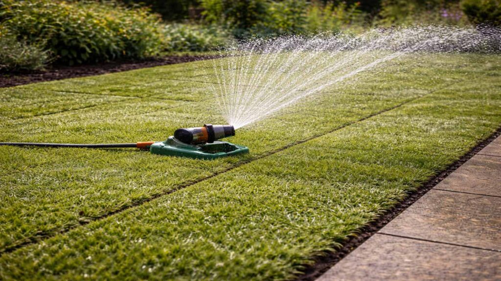 Rollrasen wird sofort nach dem Verlegen gründlich gewässert, damit Soden und Boden darunter durchfeuchten.