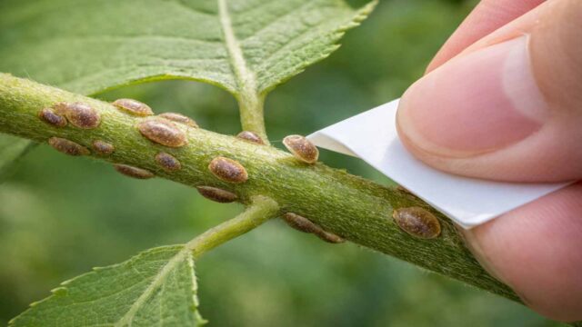 Plättchen-Test: Schildlaus sitzt fest am Trieb und lässt sich vorsichtig wie ein kleines Plättchen abheben.