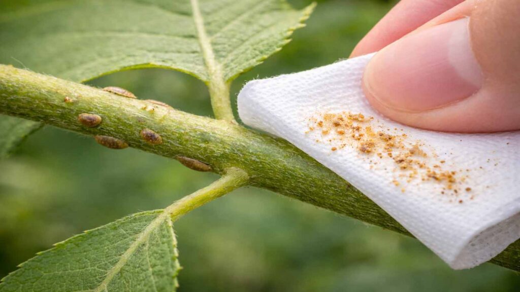Abrieb-Test: Weißes Küchenpapier zeigt gelblich-bräunliche Spuren nach dem Wischen über eine verdächtige Stelle.