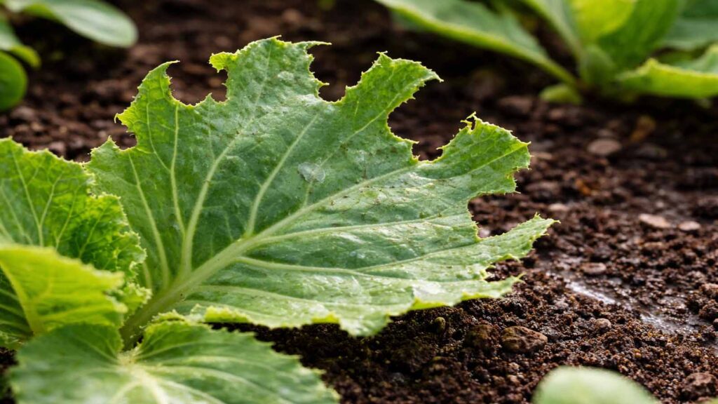 Unregelmäßiger, fransiger Fraß am Blatt – typisch für Schnecken, wirkt wie ausgerissen.