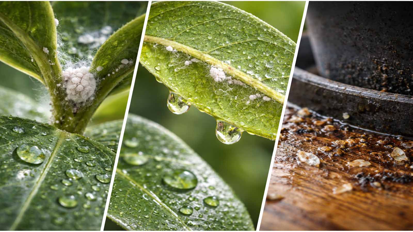 Makro-Collage: klebrige, glänzende Tropfen (Honigtau) auf Blattoberfläche und Blattunterseite nahe Wollläusen; daneben klebrige Ablagerungen mit dunklem Belag (Rüßtau/Rußtau) auf Fensterbank oder Untergrund unter der Pflanze.