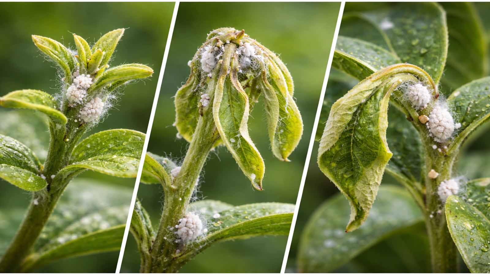 Makro-Collage: starker Wolllausbefall mit watteartigen Nestern an Triebspitzen; junge Blätter bleiben klein, Triebspitzen wirken weich/verkrüppelt, Blätter rollen sich ein oder hängen schlaff.