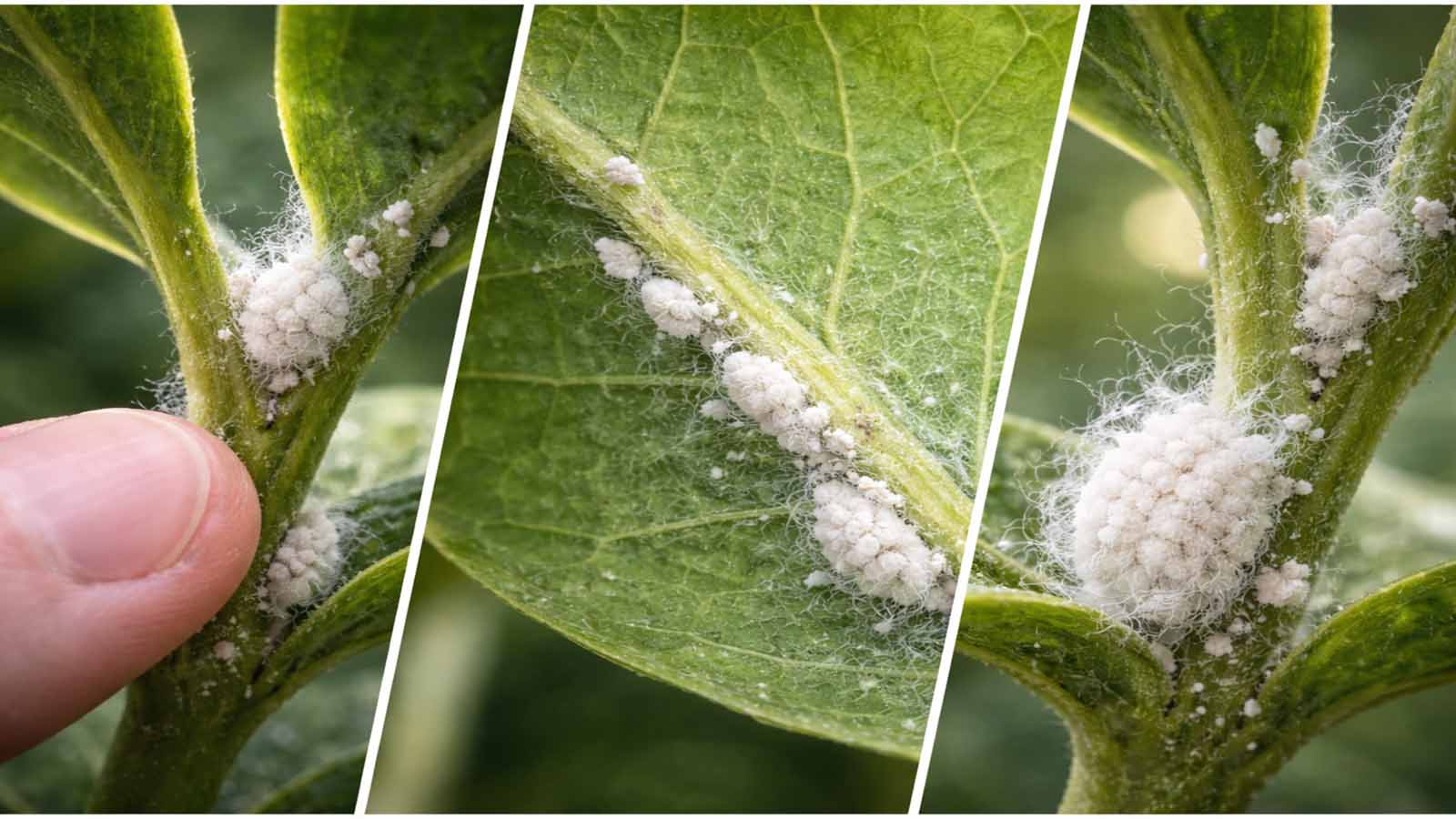 Makro-Collage: Wollläuse als weiße, flockige Wattepolster in Blattachsen, als längliche Streifen entlang der Blattmittelrippe und als kompakte Watteknubbel an Trieben/Blattstielen; Finger als Größenvergleich.