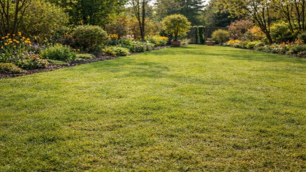 Sommerrasen bei leichtem Stress: überwiegend grün, trocken aber stabil, ohne braune Flächen.