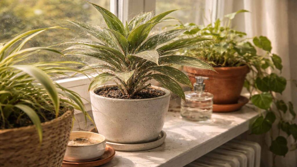 Typischer Spinnmilben-Hotspot: warme, trockene, windstille Ecke am Südbalkon oder Fensterbank nahe Heizung.