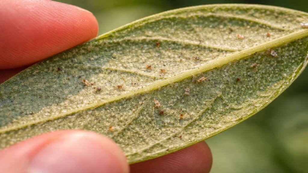 Blattunterseite mit winzigen beweglichen Punkten (Spinnmilben), am besten mit Handy-Makro oder Lupe erkennbar.