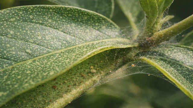 Spinnmilben-Spuren am Blatt: helle Sprenkel, Punkte auf der Unterseite und feine Gespinste.