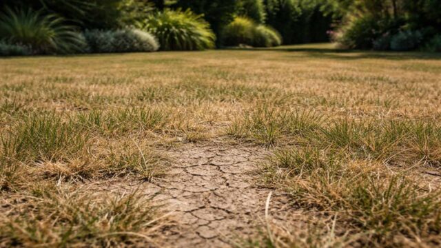 Hitzestress: trockener Rasen und knochentrockener Boden mit feinen Rissen.