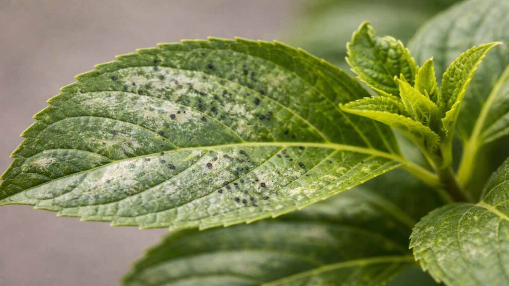 Mittlerer Thripse-Befall: deutlich silbrige Blattflächen mit schwarzen Kotpunkten und leicht verformtem Neuaustrieb.