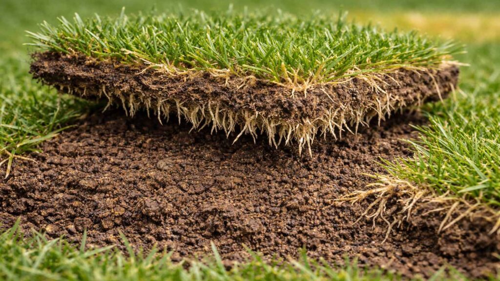 Mini-Test Rasennarbe hochklappen: intakte Wurzelzone, keine Tipula-Larven in der oberen Bodenschicht.