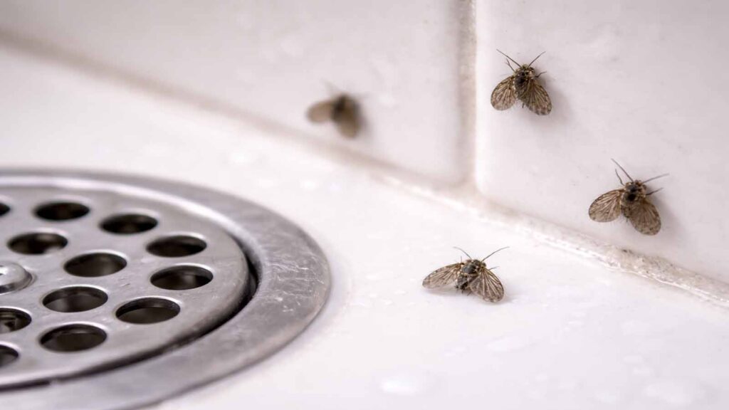 Abflussfliegen sitzen mottenartig an Fliesen nahe Abflüssen – typisch fürs Bad und Abfluss-Biofilm.