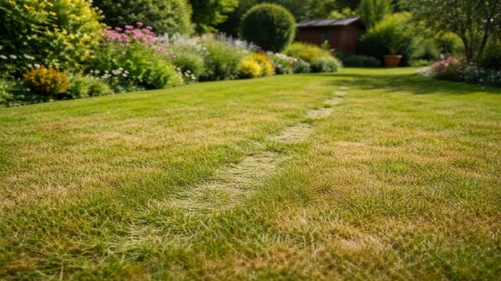 Fußspuren im Rasen bleiben sichtbar, weil sich trockene Halme nicht sofort aufrichten.