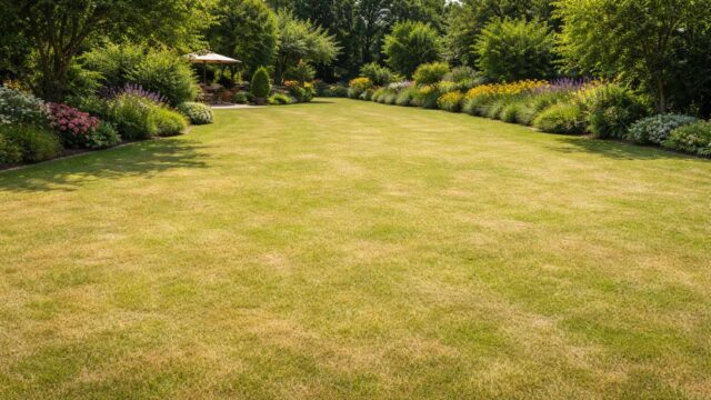 Großflächig hellgrüner bis gelblicher Rasen – typisches Trockenstress-Farbbild.